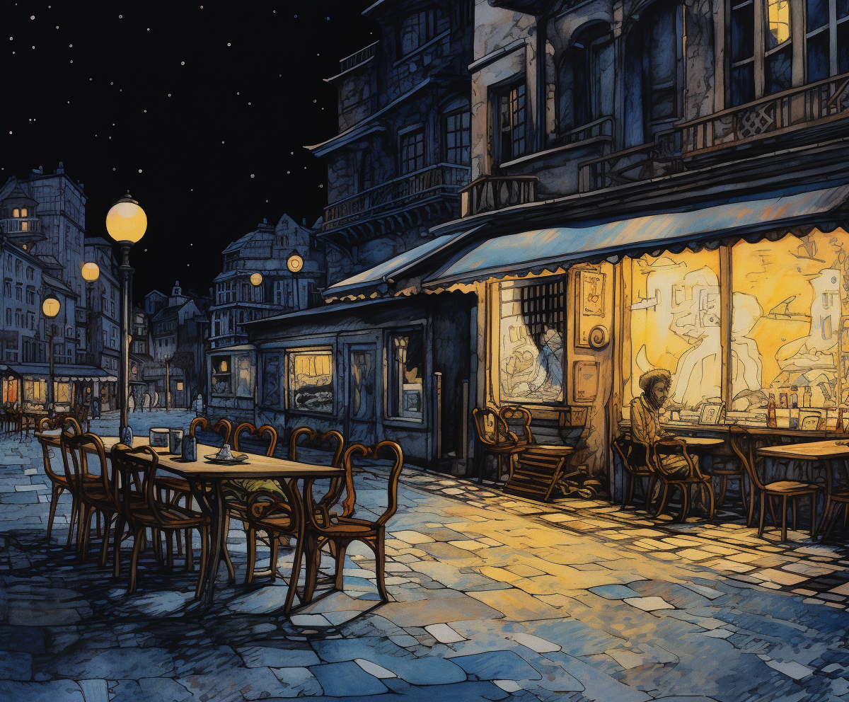 Solitary man enjoying coffee in 1800s night city