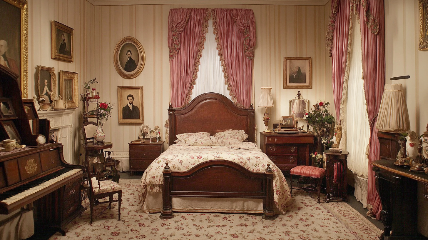 1864 White House bedroom, Mary Todd Lincoln's detailed interior.