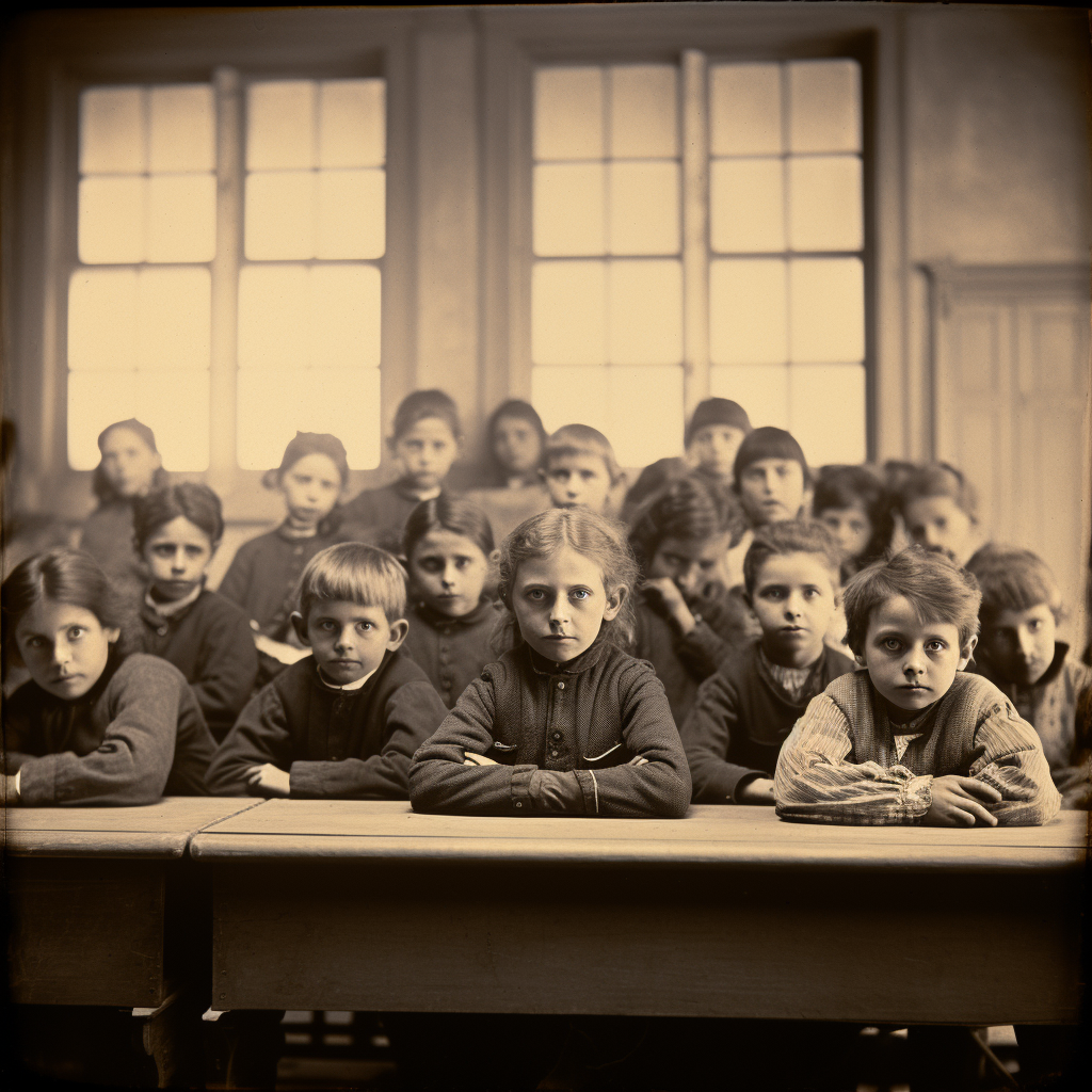 Children in 1885's classroom looking back