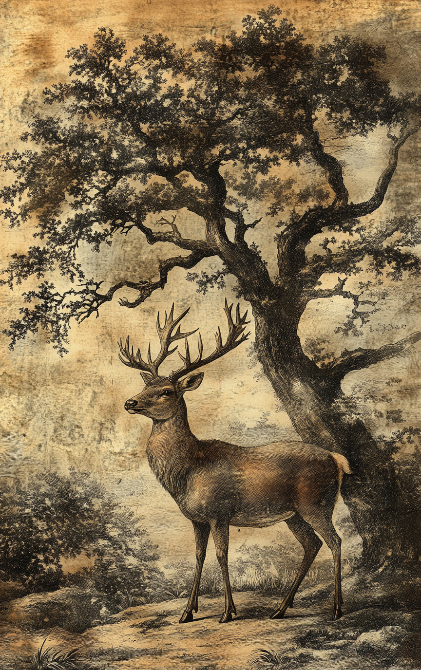 18th Century Baroque Deer By an Oak Tree