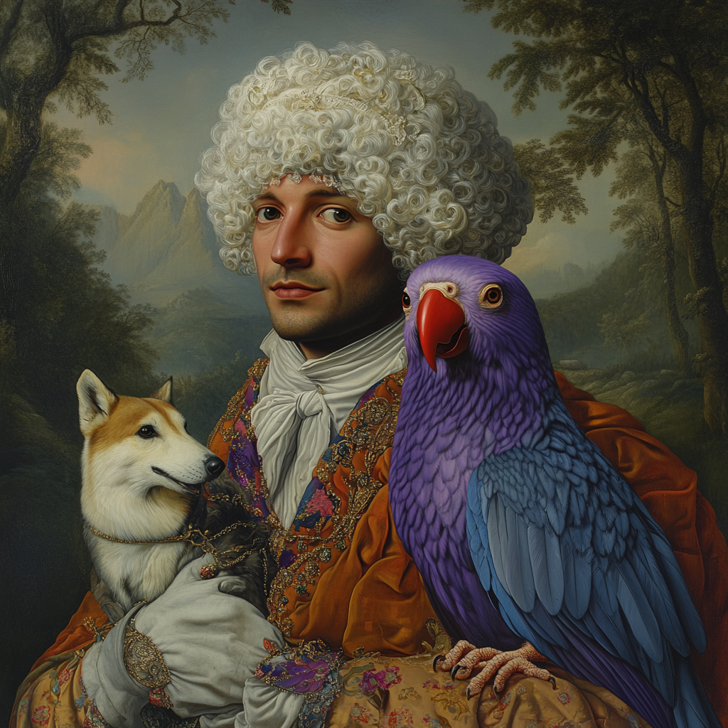 18th Century Oil Painting Portrait with Parrot Head 