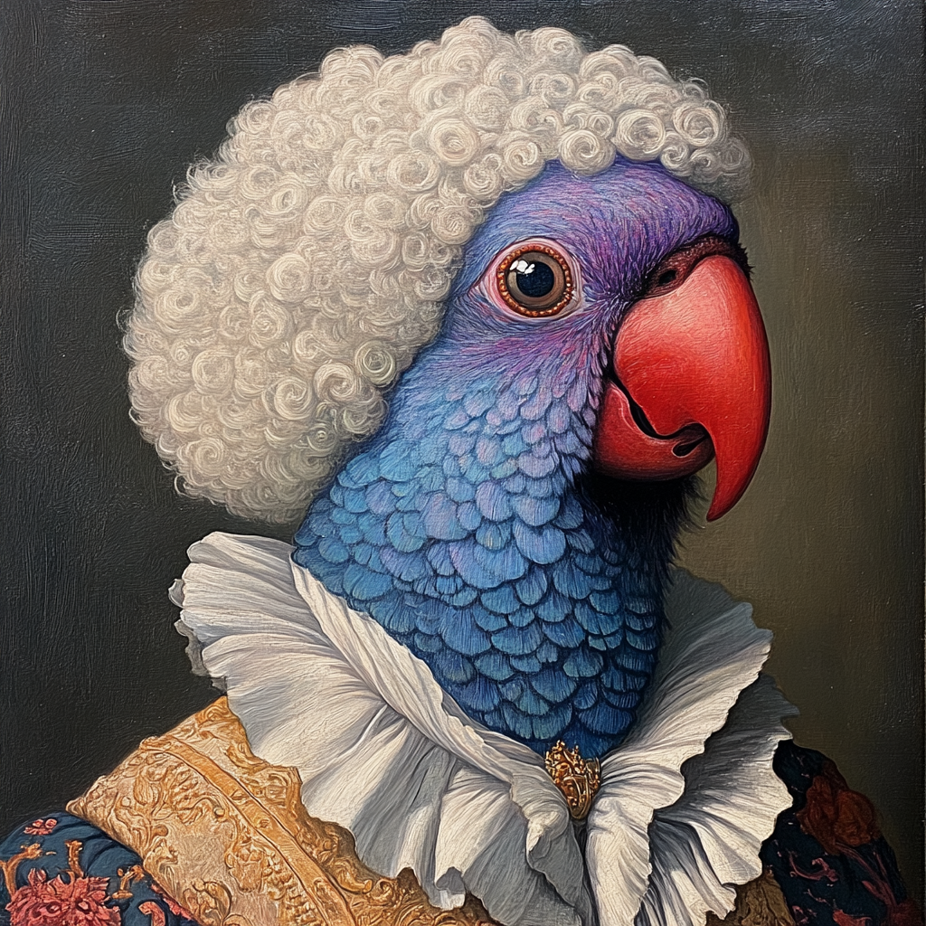 18th Century Portrait Human Blue Purple Parrot Head