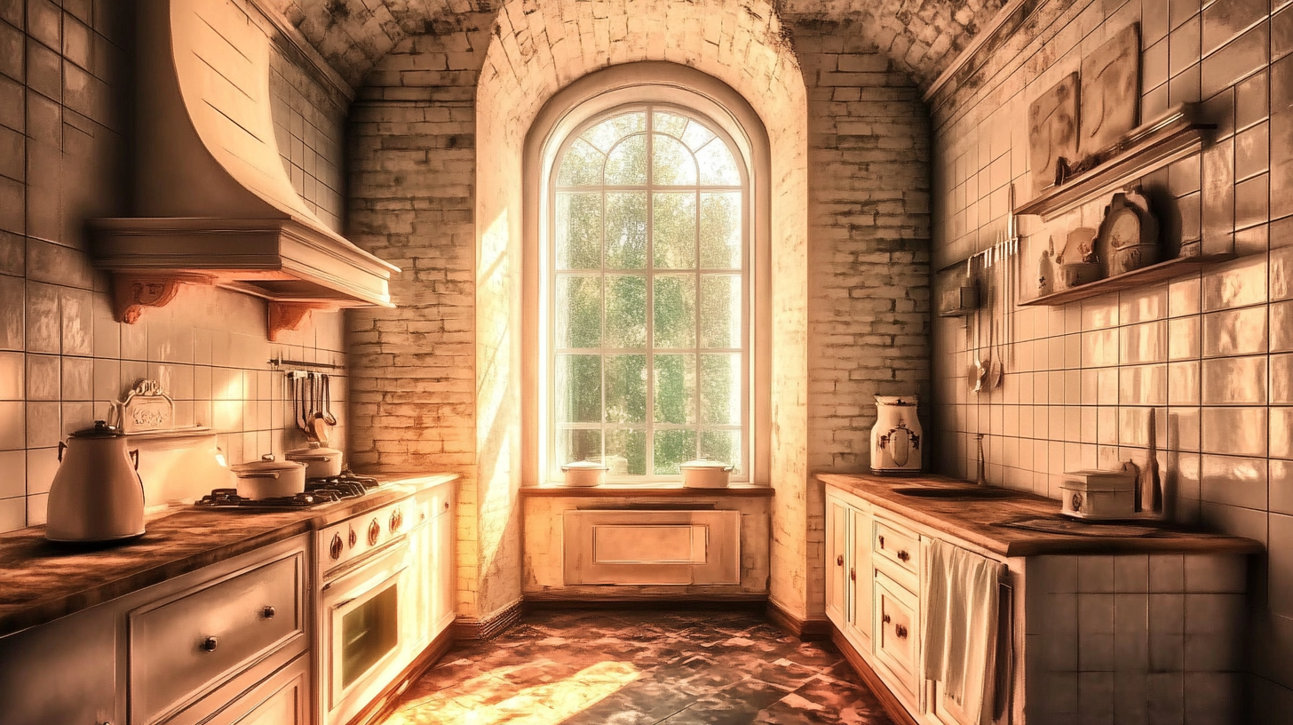 18th century kitchen with wide window, antique chimney, Euro theme.