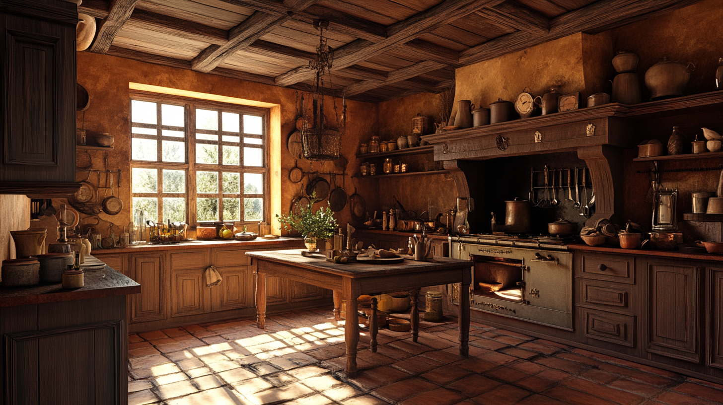 18th century medieval kitchen, wooden ceiling, chimney table.