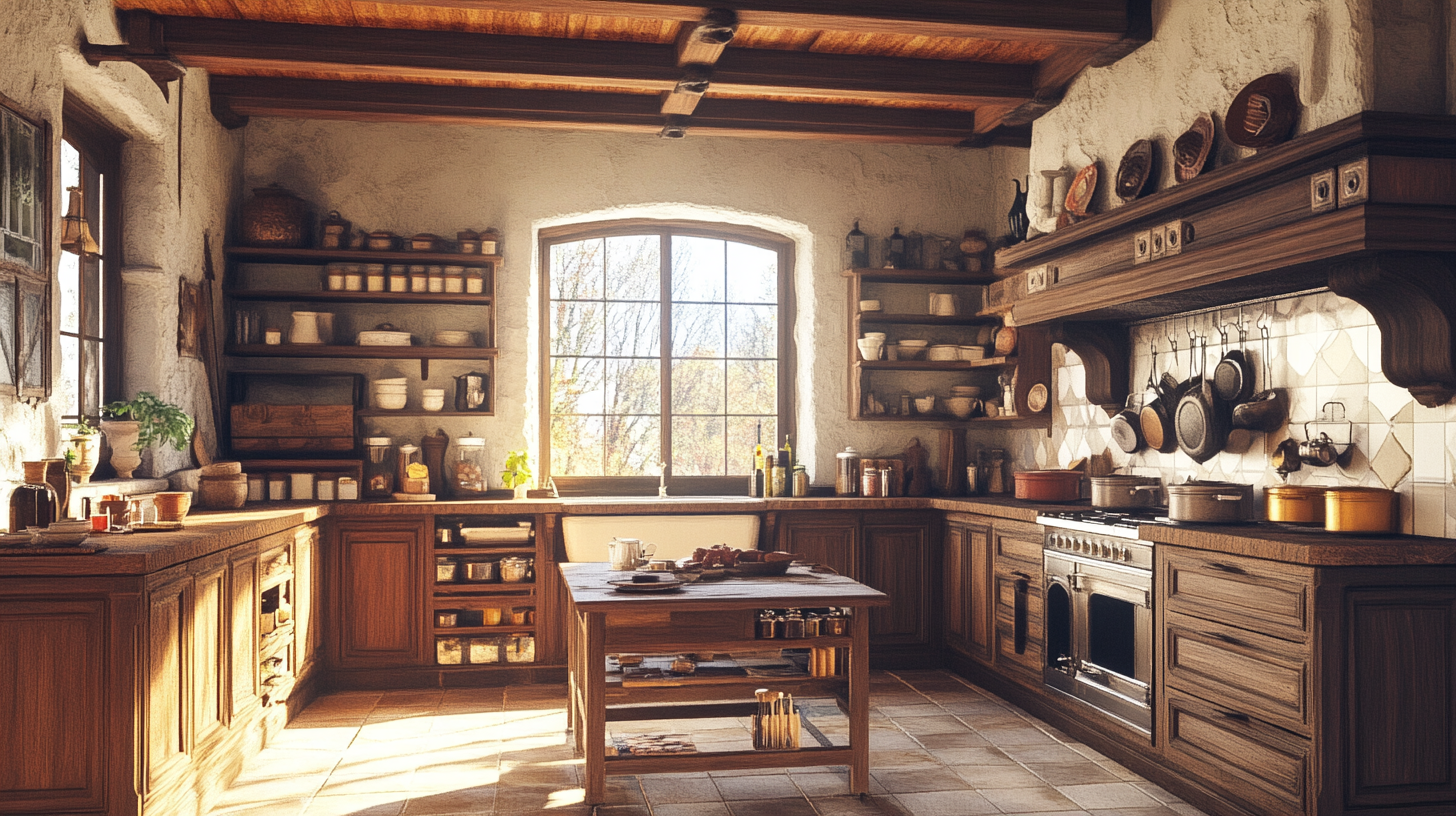 18th century medieval kitchen, wooden ceiling, crown wall, render.