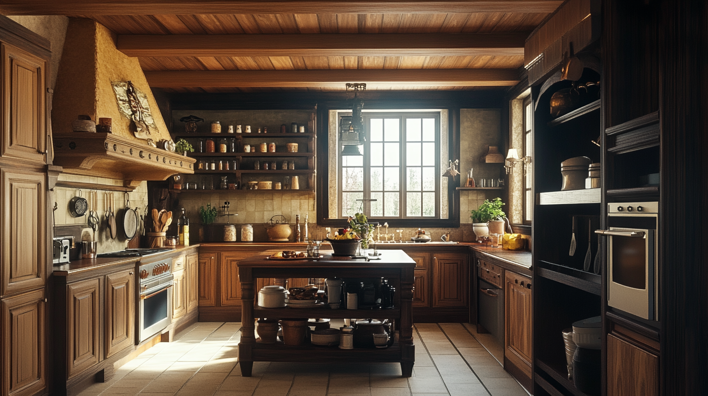 18th century style kitchen with wooden design ceiling.