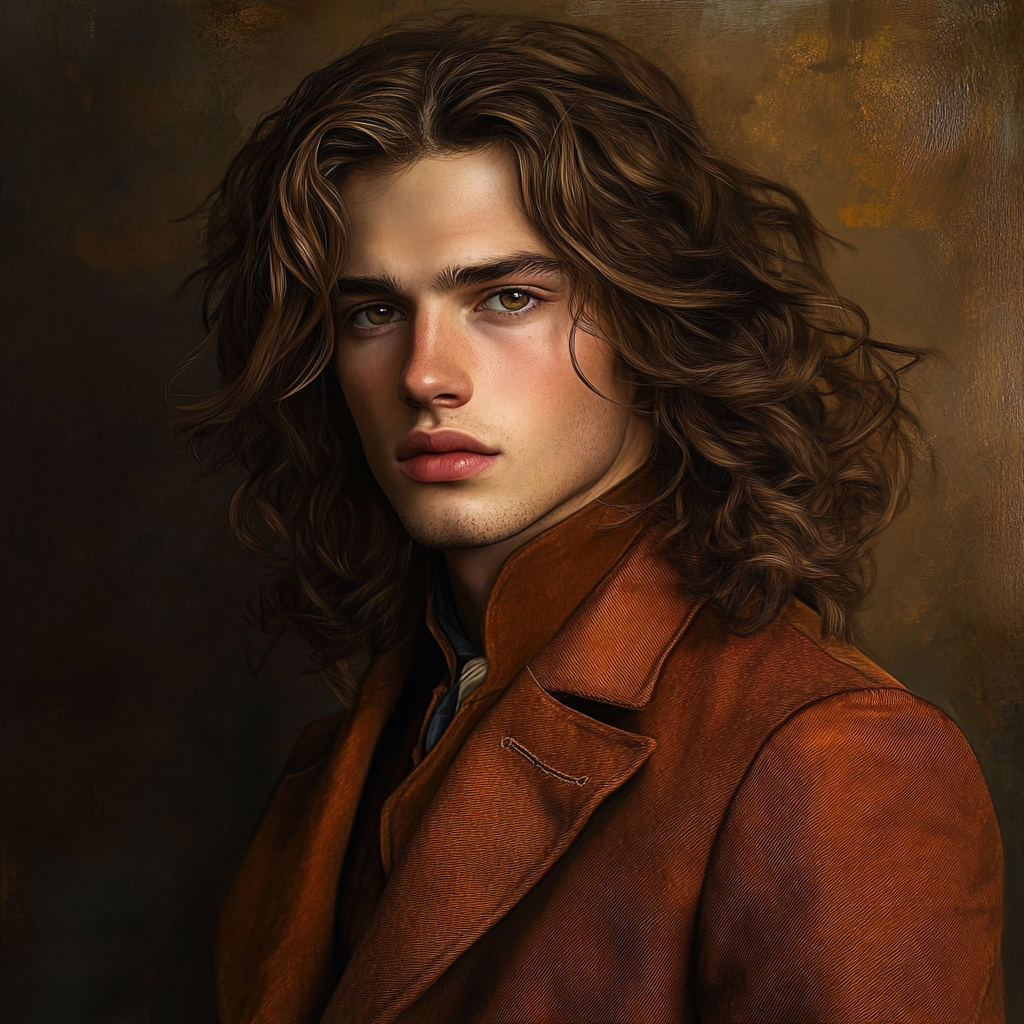 19-year-old man with long brown hair, golden eyes