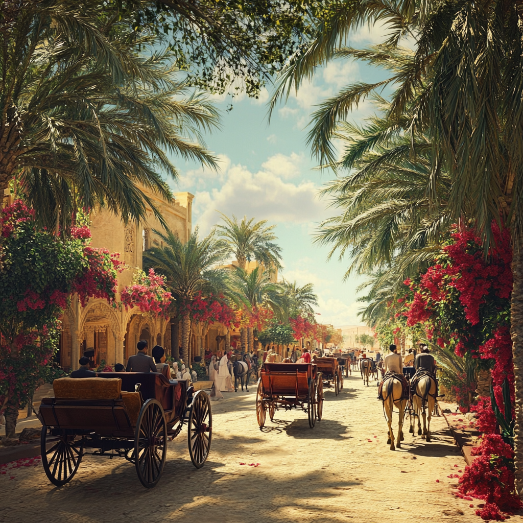 1900s Abu Dhabi city with horse carriages and camel.