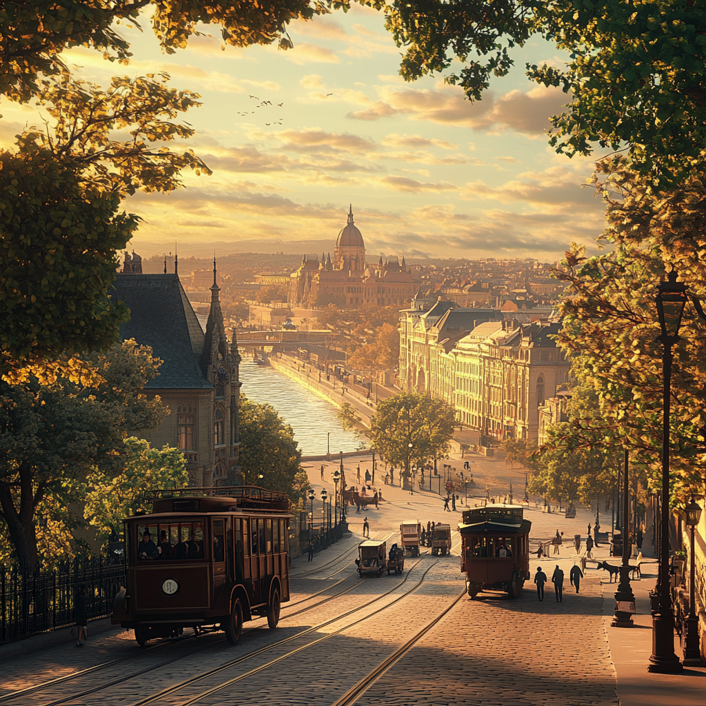 1900s Budapeste with old houses, cars, and people.