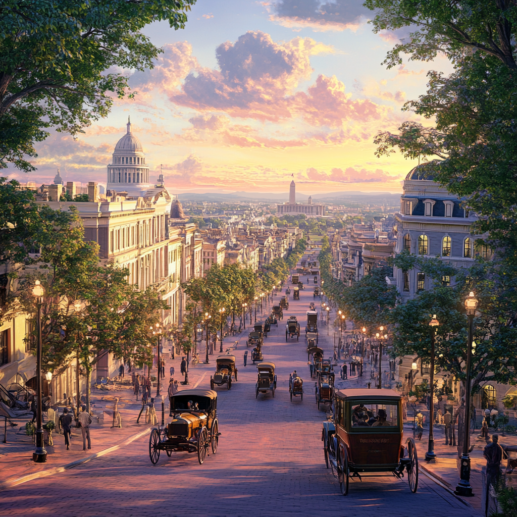 1900s Washington City Sunset View, 3D Render