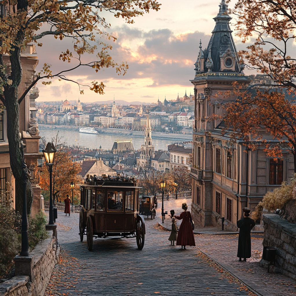 1900s cityscape with old buildings, people, and vehicles.