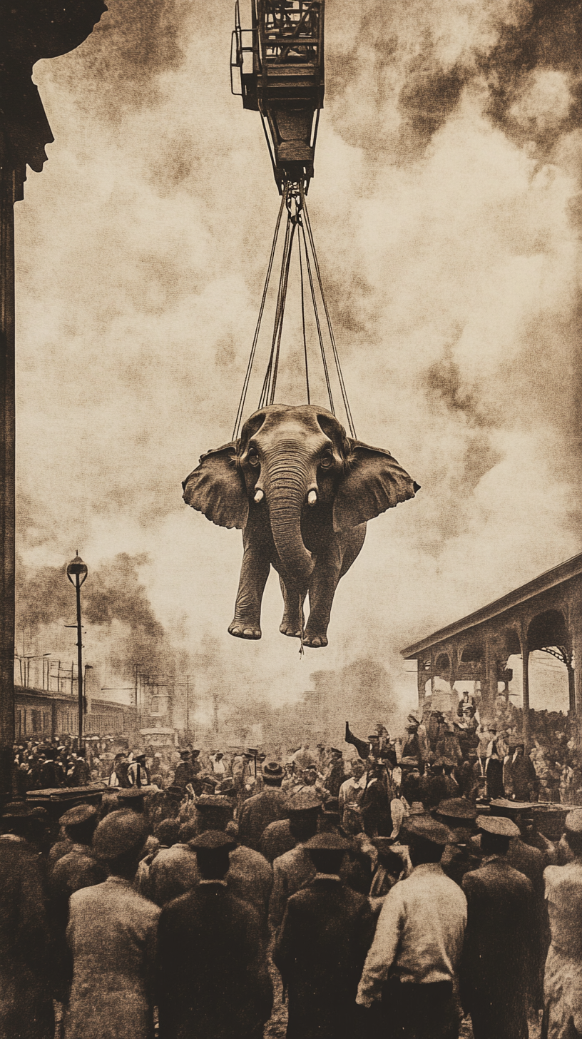 1916 Railroad Station: Elephant Lifted by Crane, Crowd Shocked