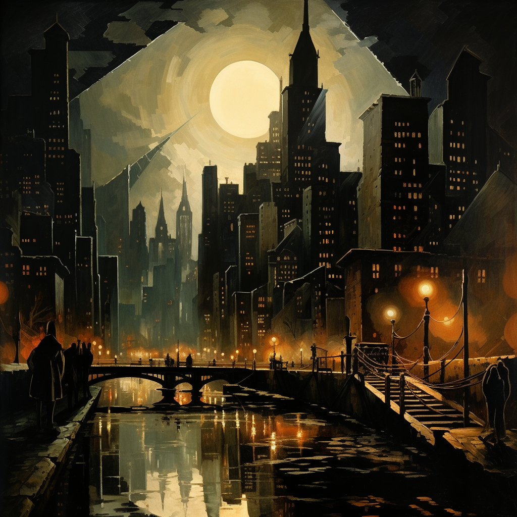 Illustration of a 1920s city night with a raised bridge