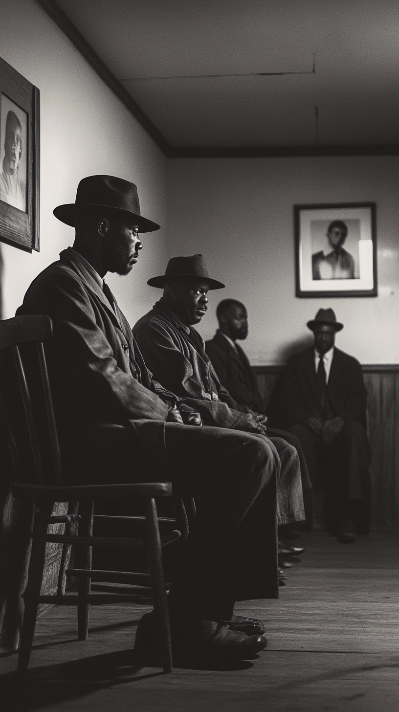 1930s rural American medical facility with Black men waiting