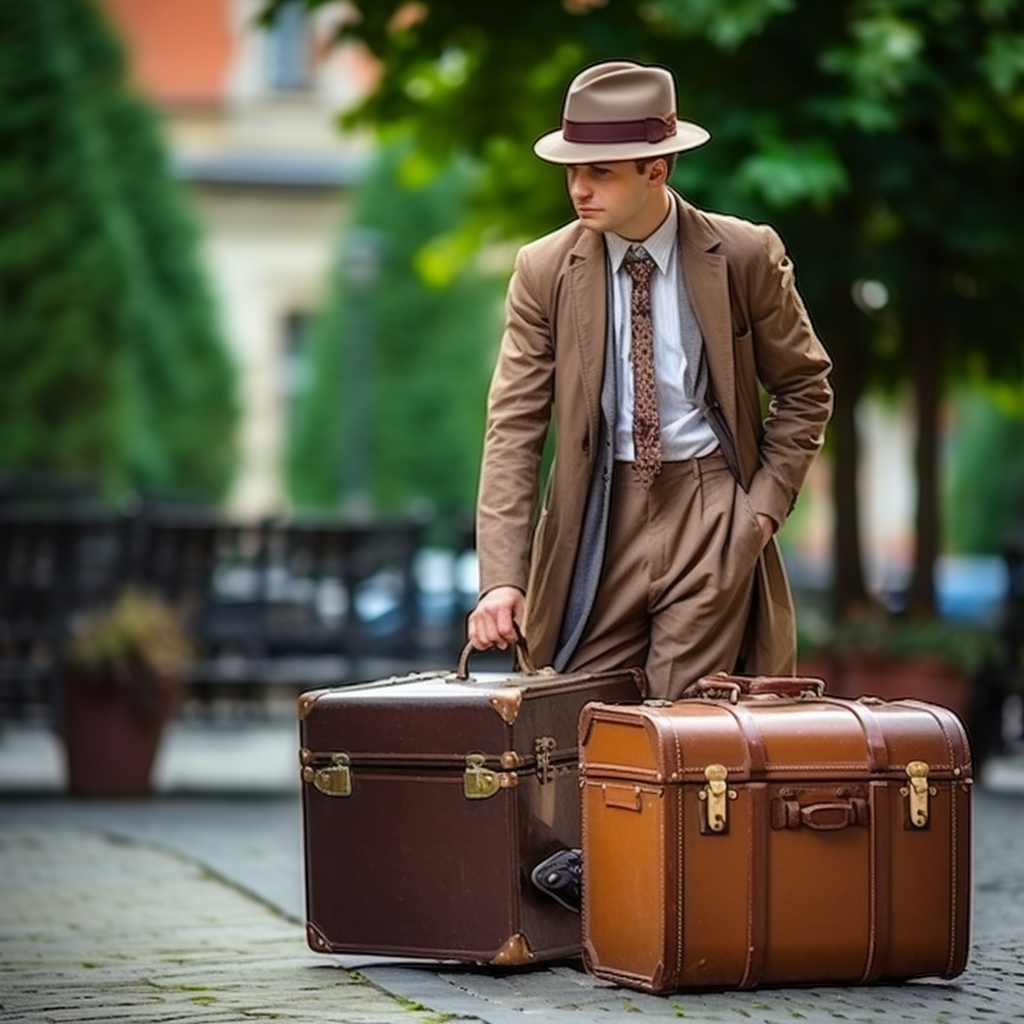 Man collecting vintage suitcase in 1930s style