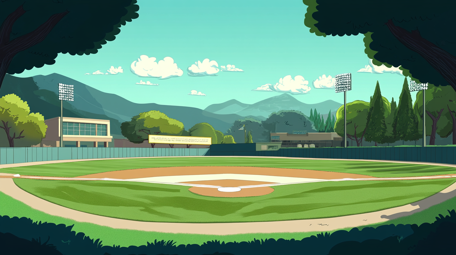 1950's baseball field in Silicon Valley as a cartoon.