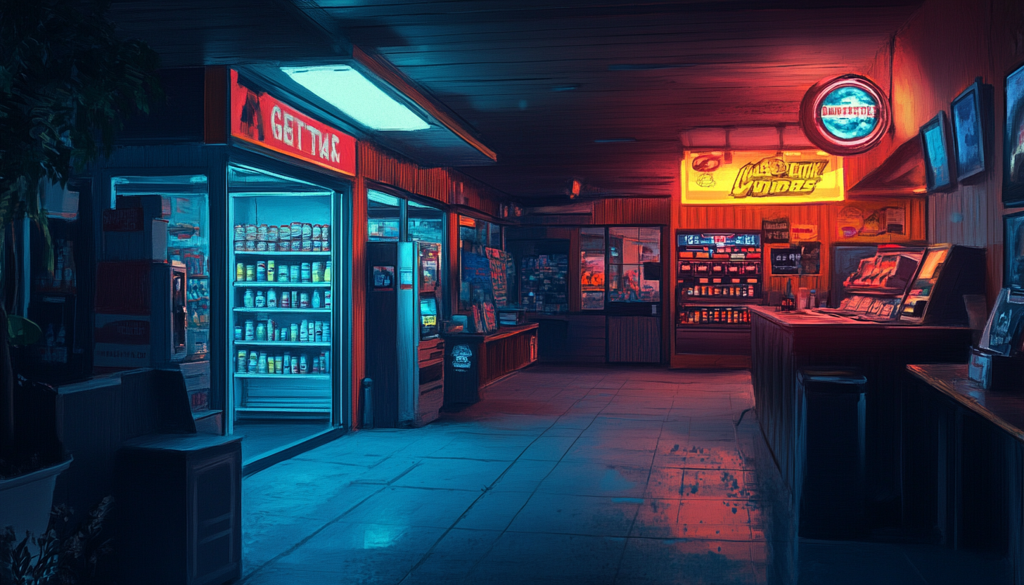 1950's convenience store at night, closed. Gritty action.