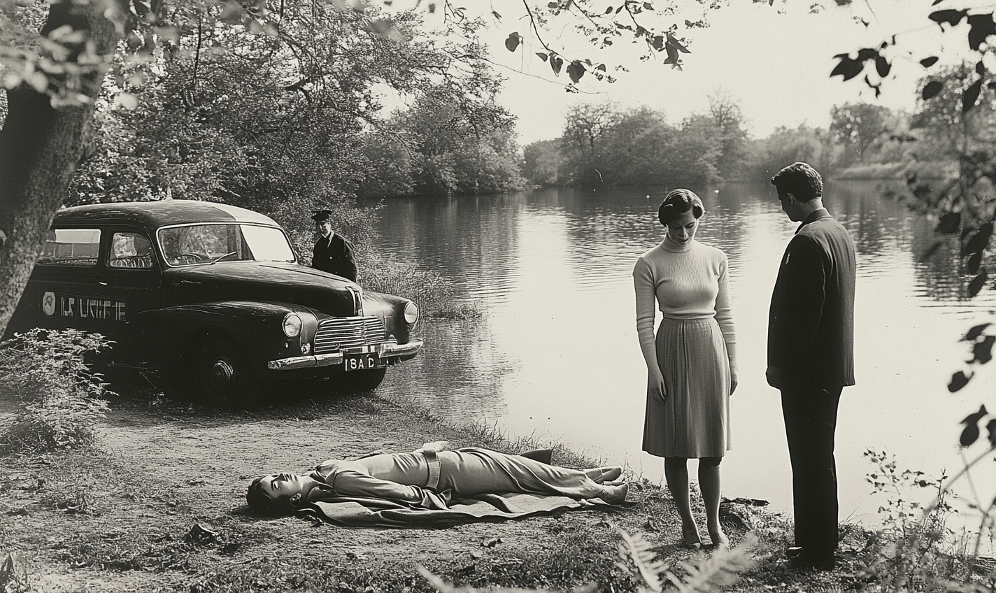 1950s British police investigate drowned woman by lake.