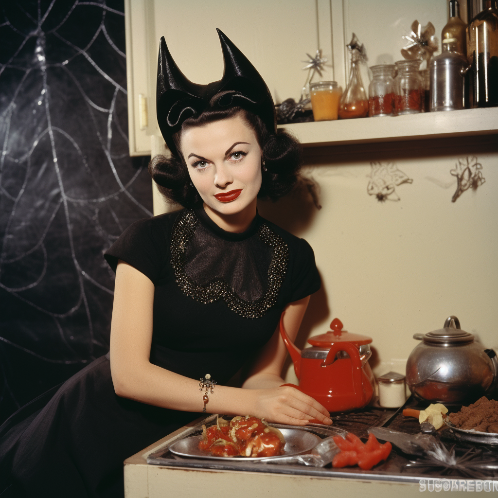 1950s color photo of Vampira with devil horns