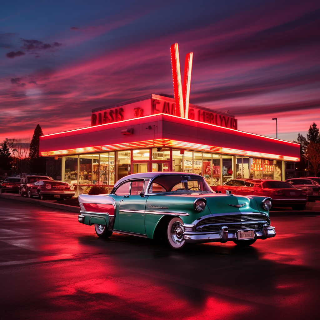 1950s diner with neon signs and classic cars