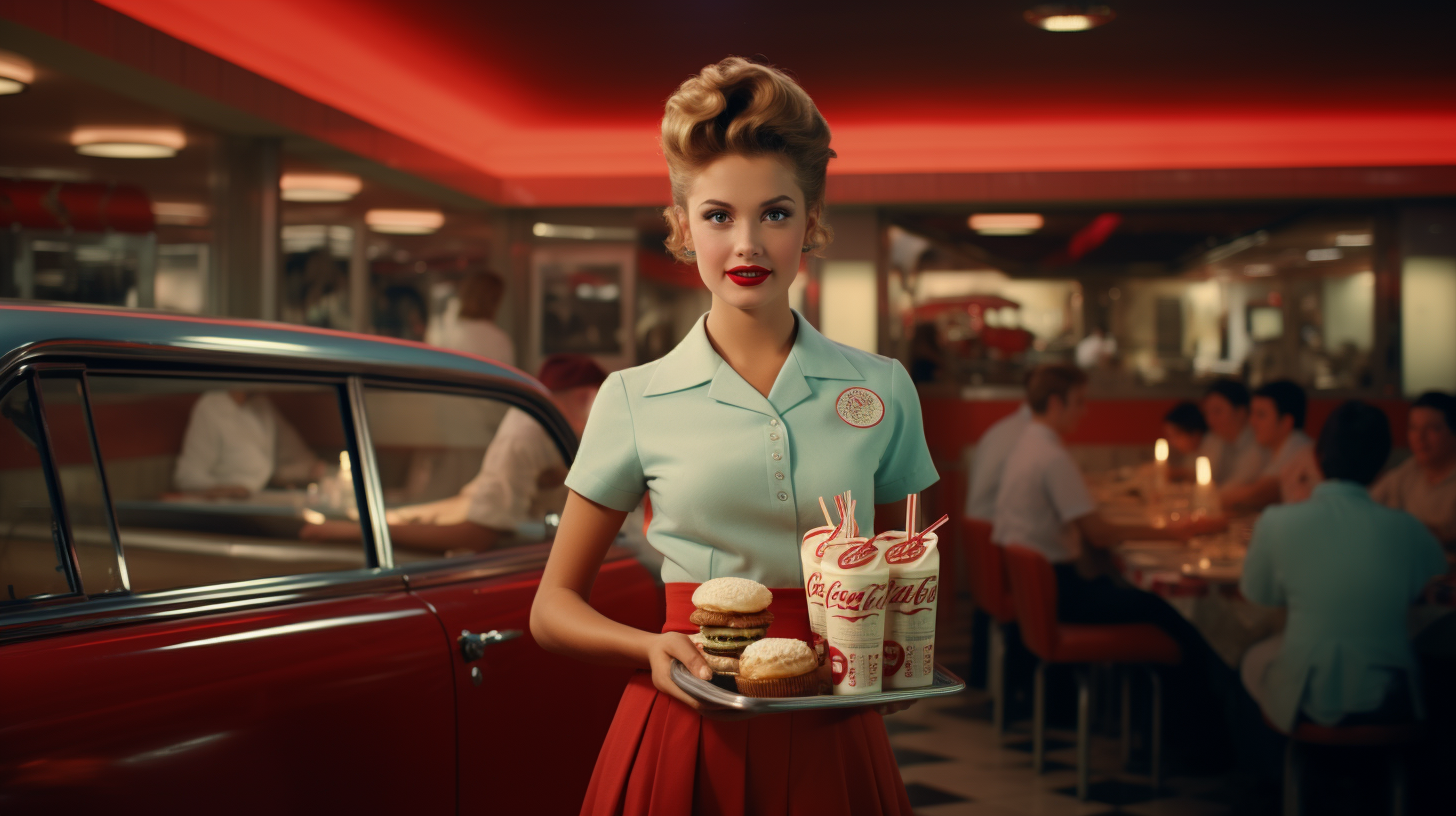 Waitress serving a delicious meal at a 1950s drive-in