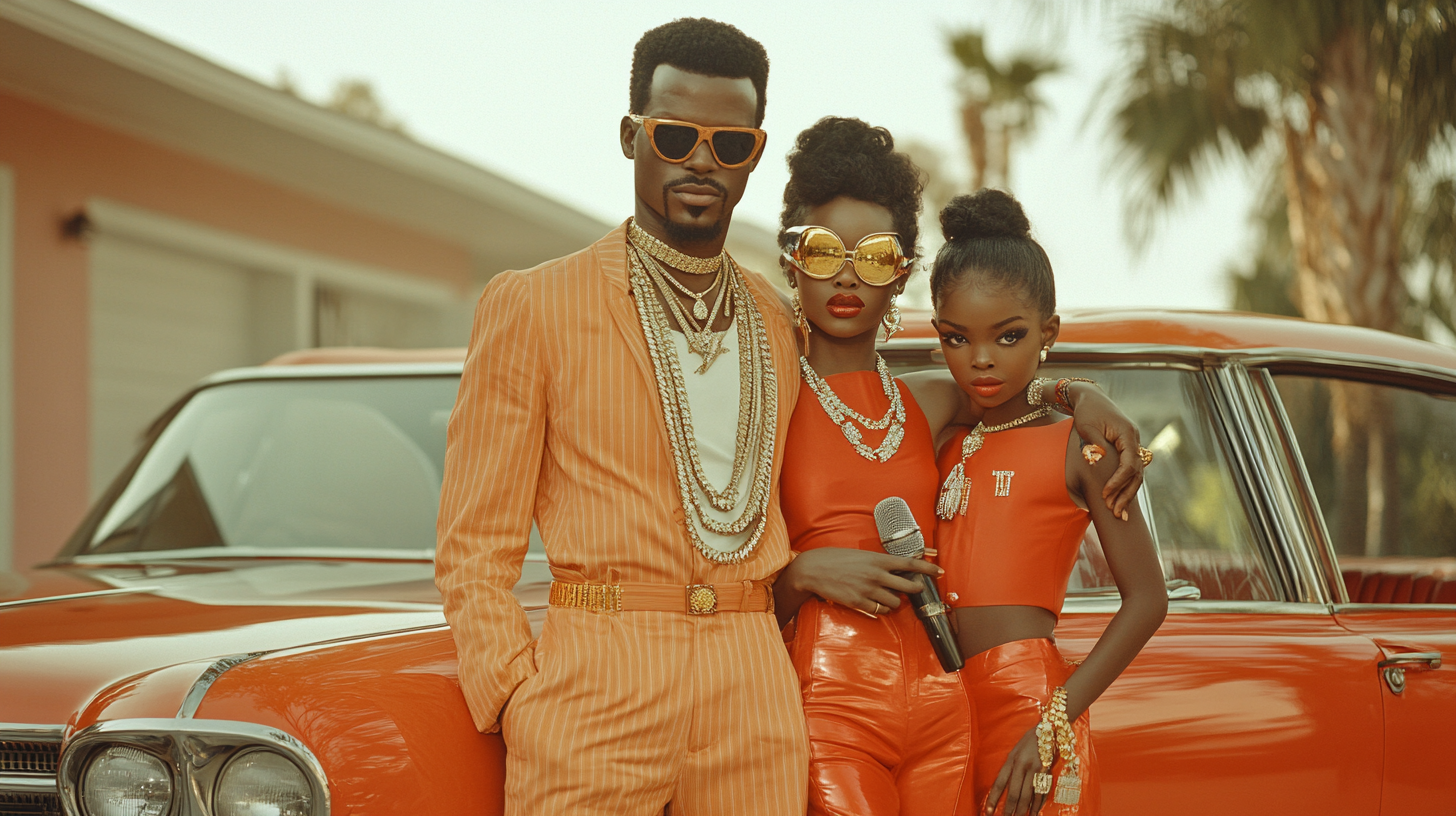 1950s family in rapper poses, wearing flashy outfits.