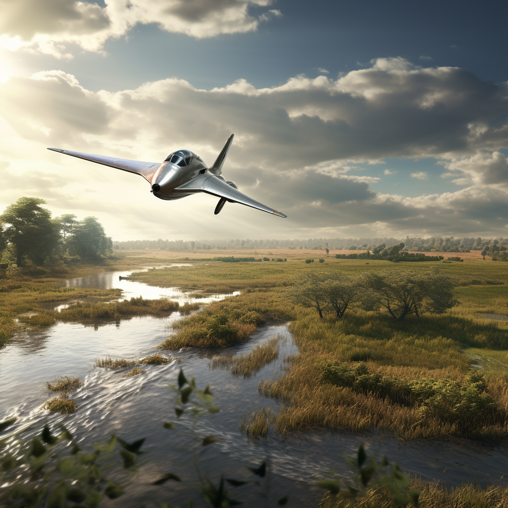 Vintage fighter plane flying over marshland