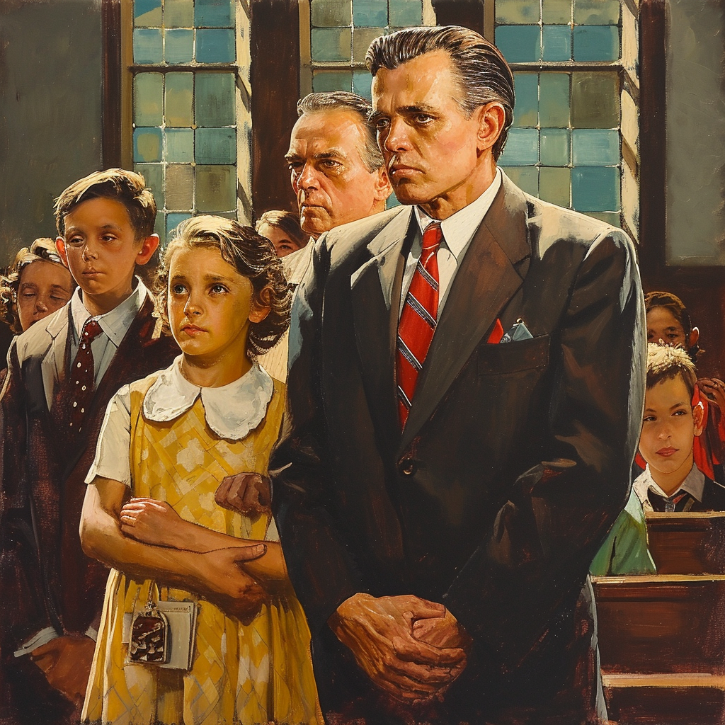 1950s painting man church family