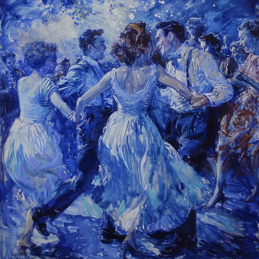 1950s party painting blue wash