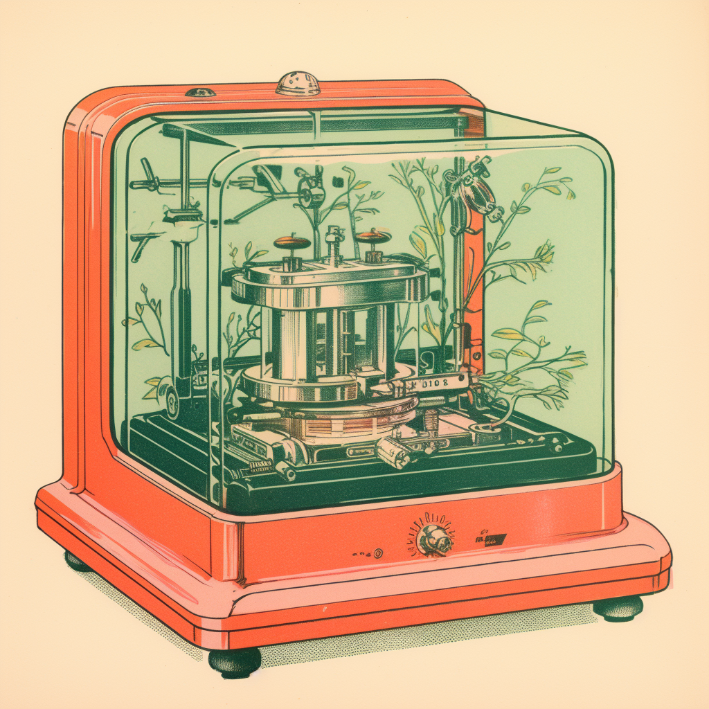 Vintage risograph art of a glass box machine