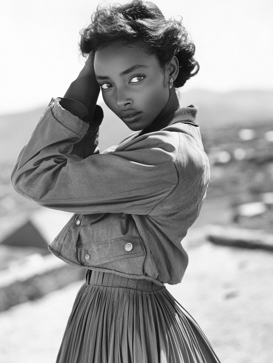 1952 Ethiopian woman in bomber jacket and pleated skirt.