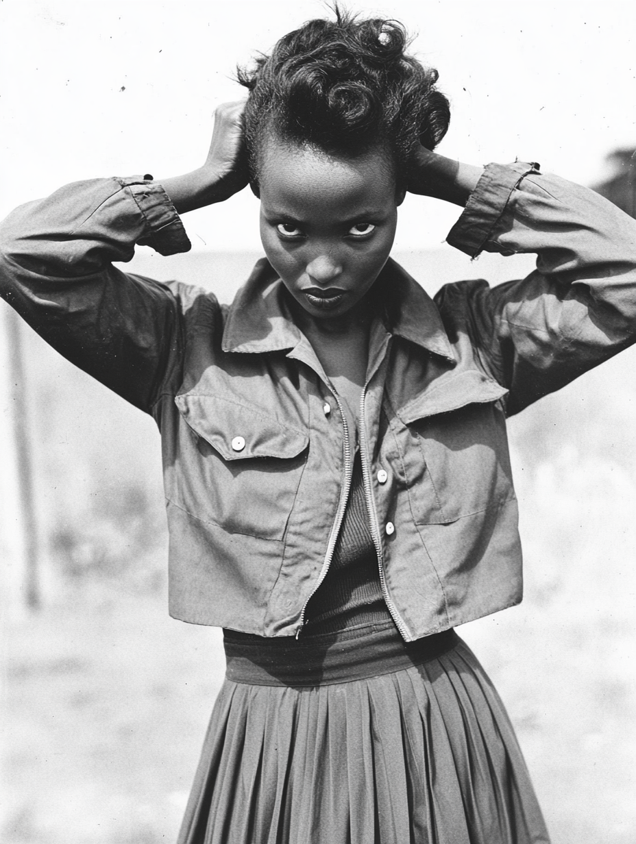 1952 vintage Ethiopian lady with bomber jacket and skirt