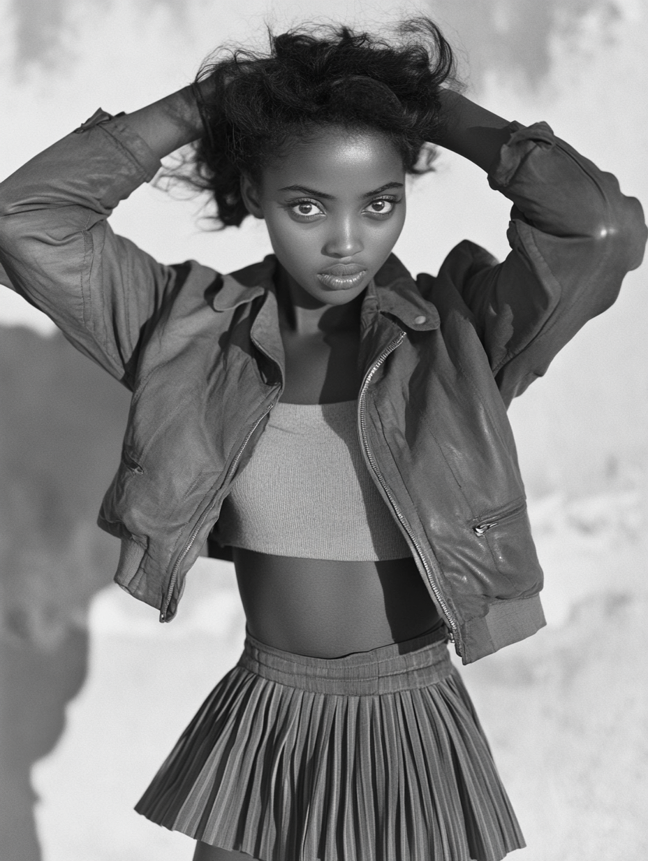 1952 vintage photo of Ethiopian woman in bomber jacket.