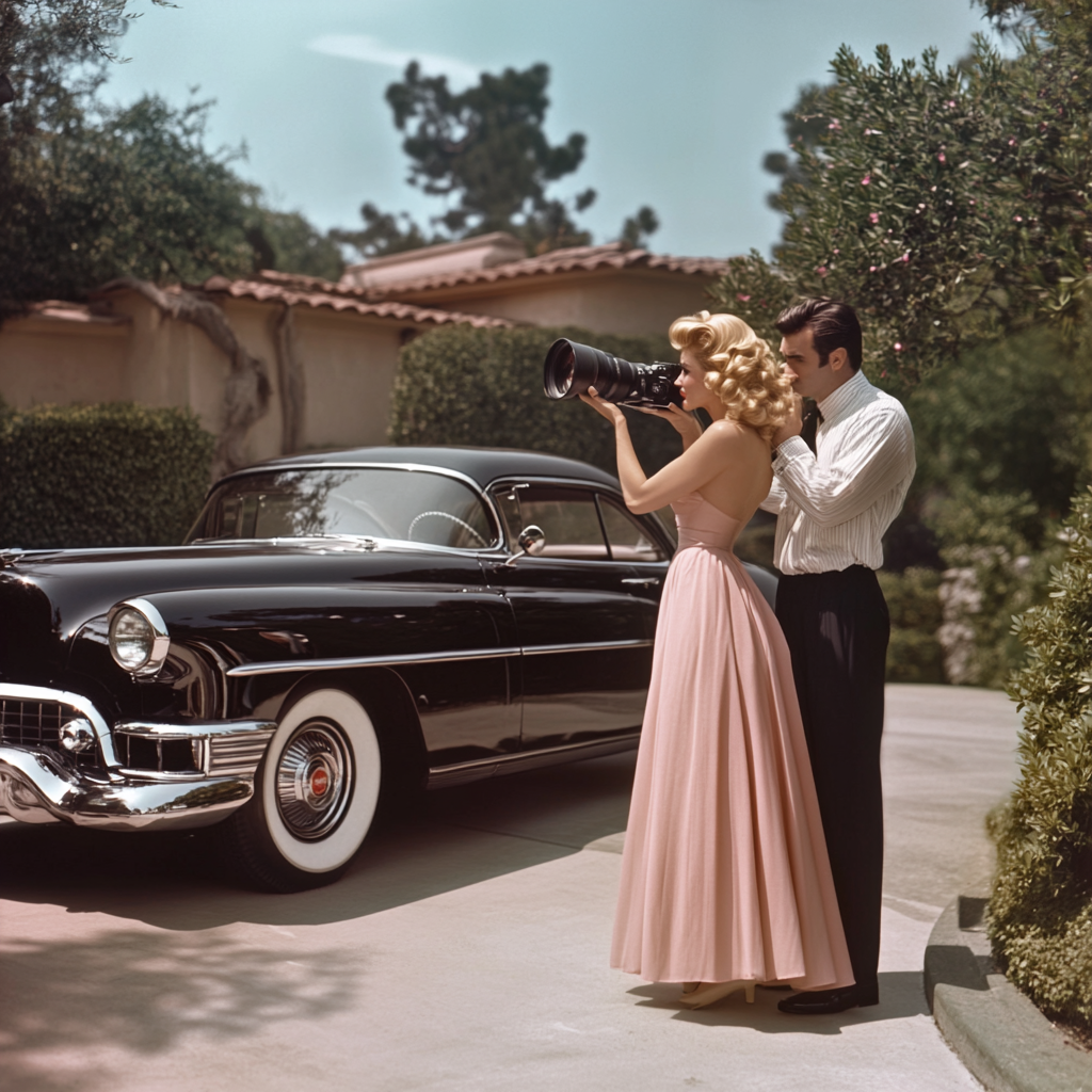 1954 Photographer captures Marilyn Monroe by black Cadillac.