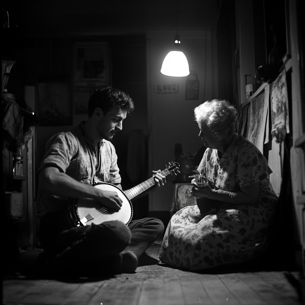 1956 Restored Kodachrome: Human crustacean playing banjo in bleak London bedsit