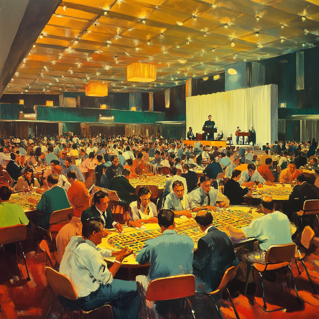 1960s Bingo Hall with Diverse Crowd and Caller 