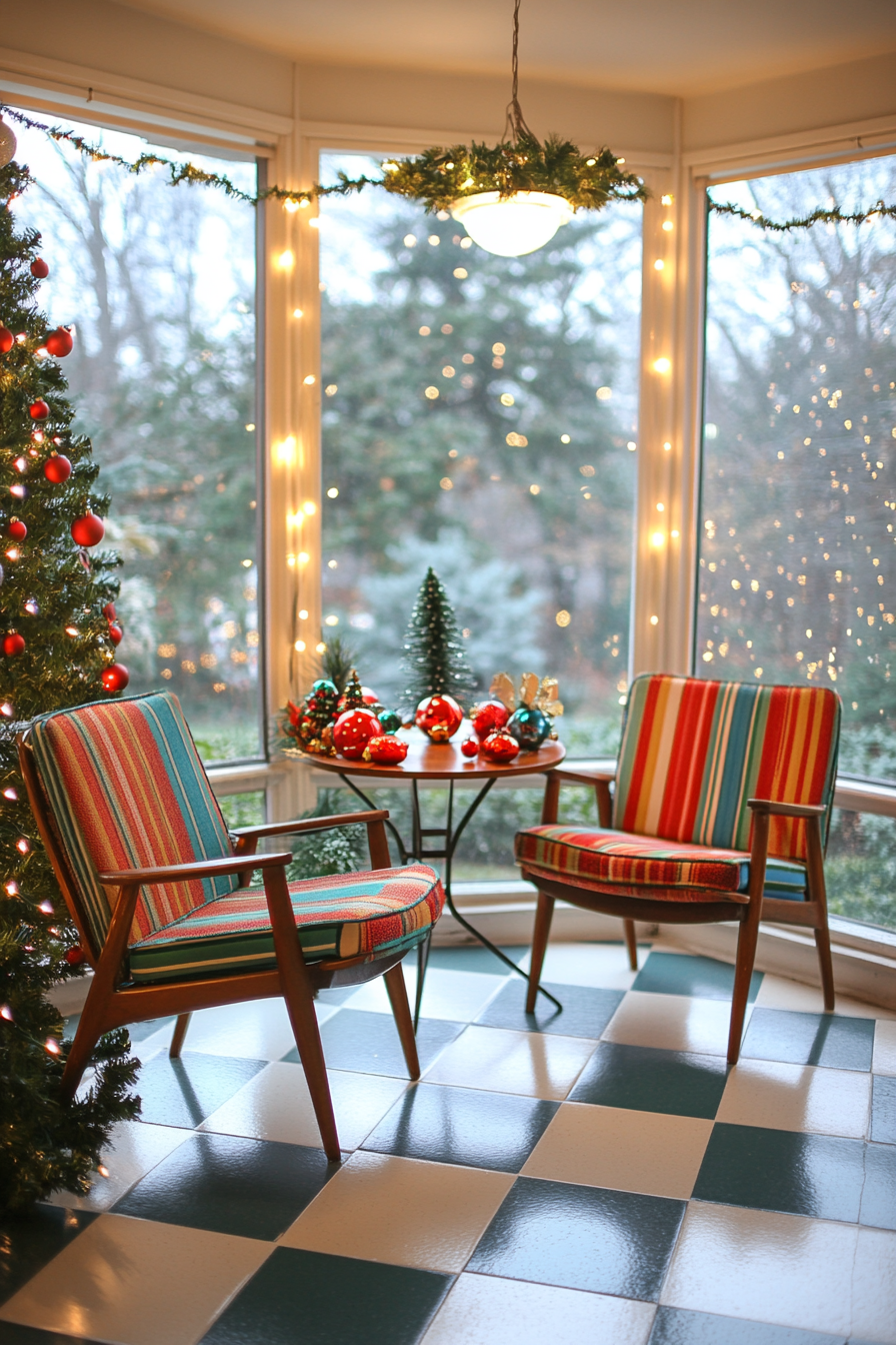 1960s Christmas sunroom with retro furniture and decor