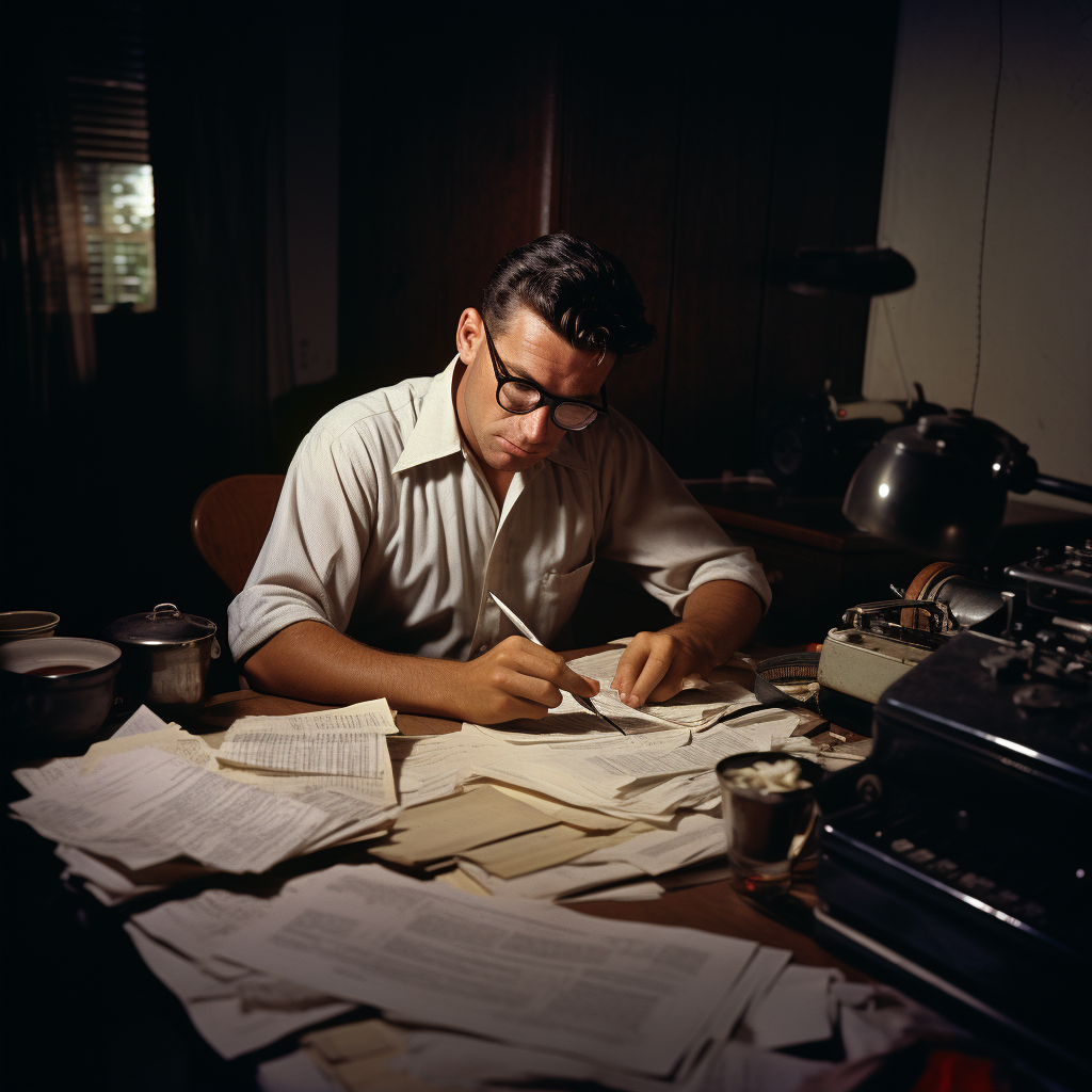 1960s American husband working on taxes