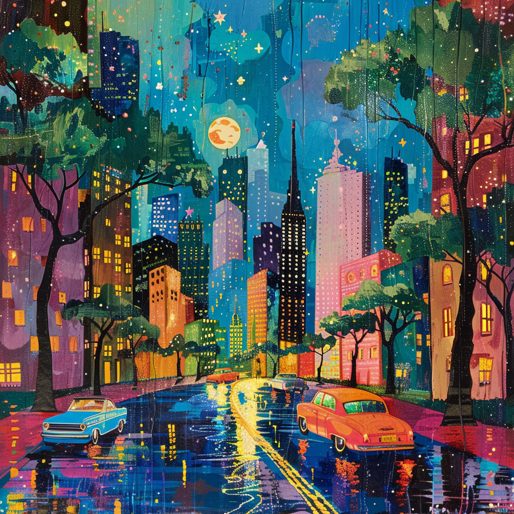 Retro 1960s city night scene