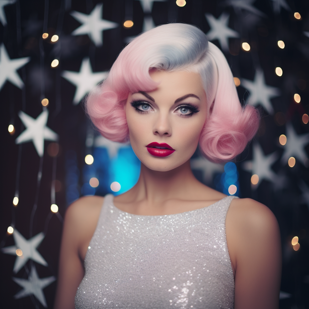 1960s model in art deco dress with snow and star lights