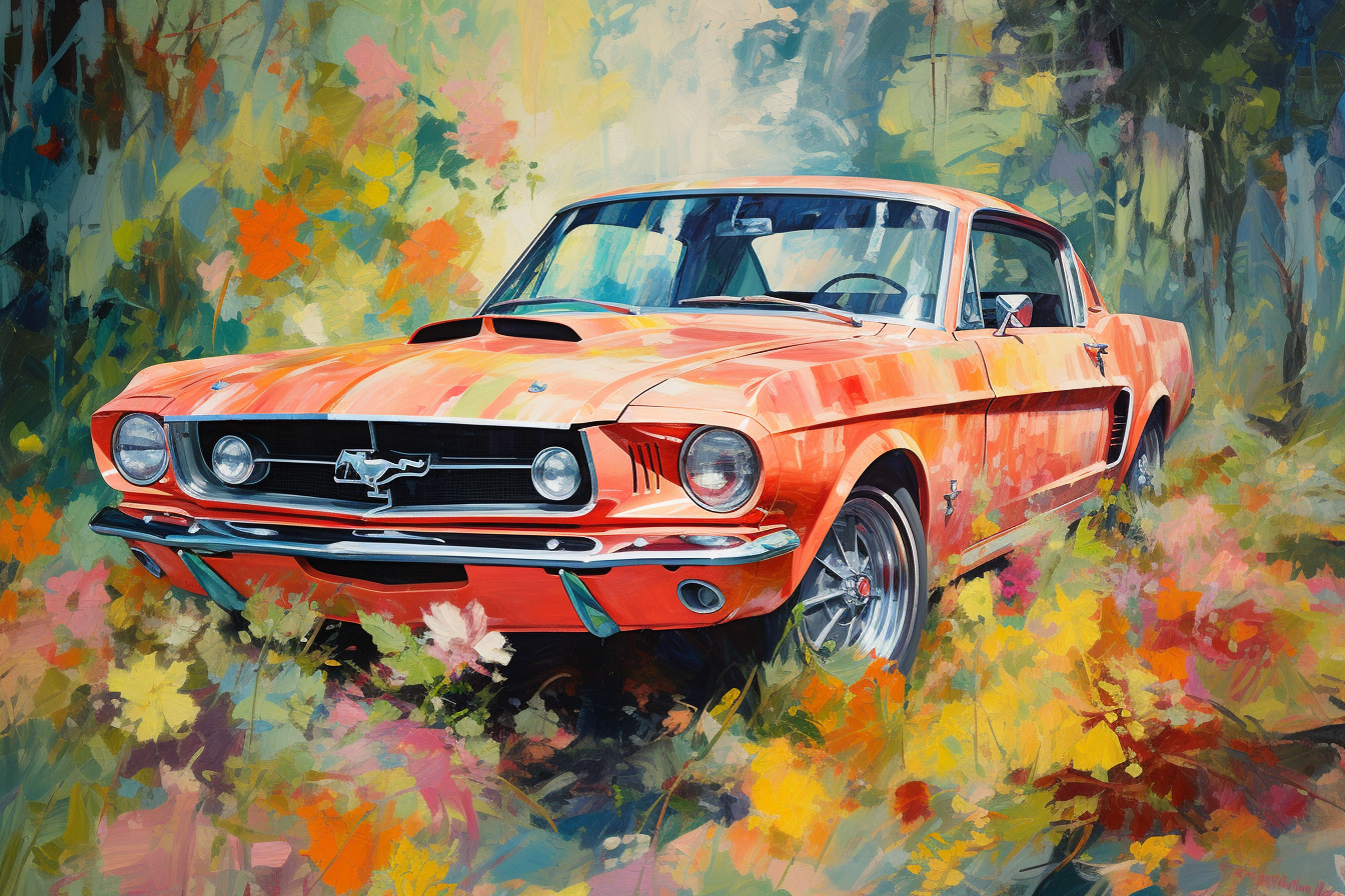 Impressionist-style 1960s Shelby Mustang with flowers