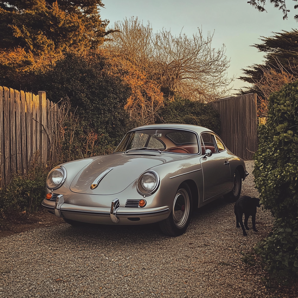 1960s silver porsche car parked by wood fence.