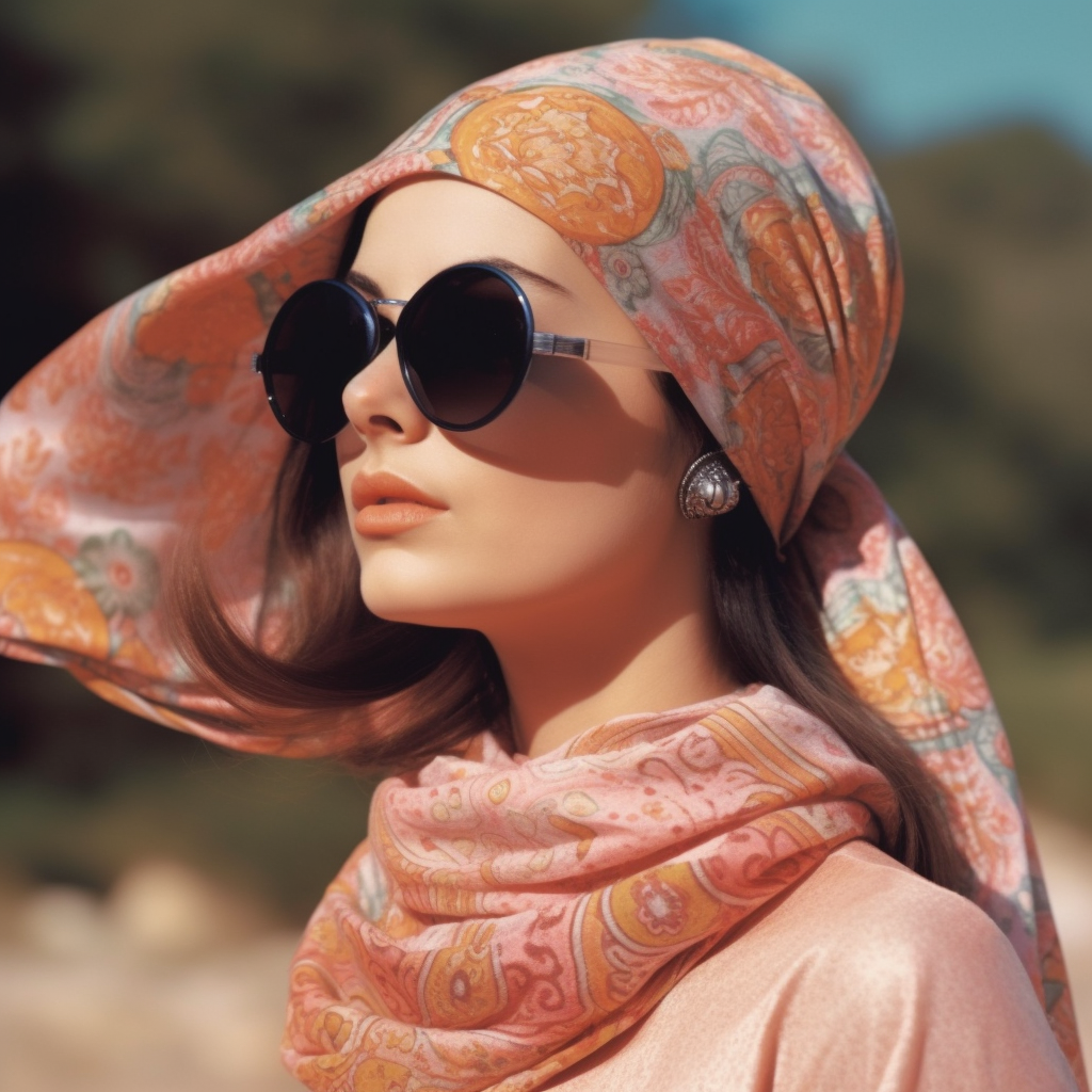 Stylish 1960s woman with square sunglasses and hair scarf