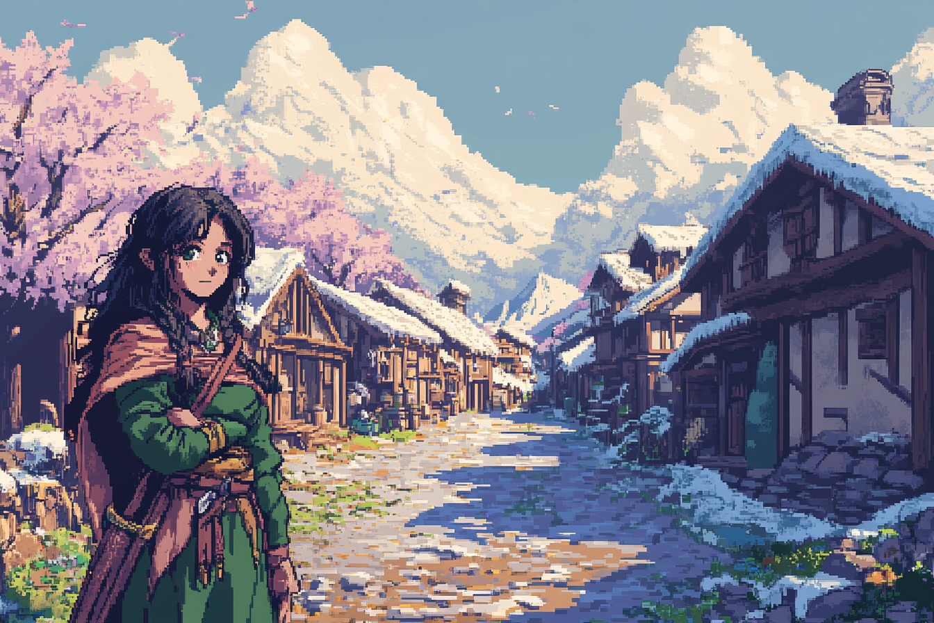 1970s Anime Style DnD Village with Adventurer