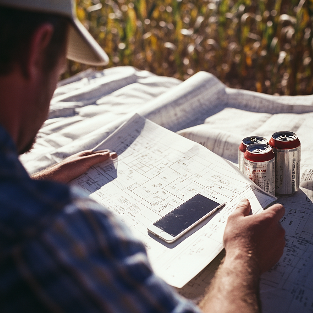 1970s Construction Site: Man Reading Plans with iPhone