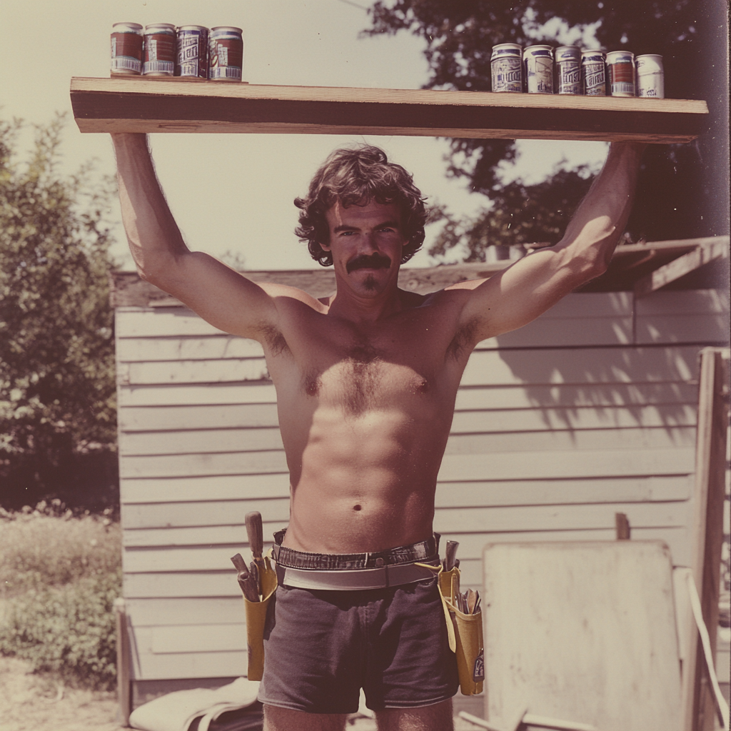 1970s Construction Worker in Athletic Shorts Holding Lumber Beer cans