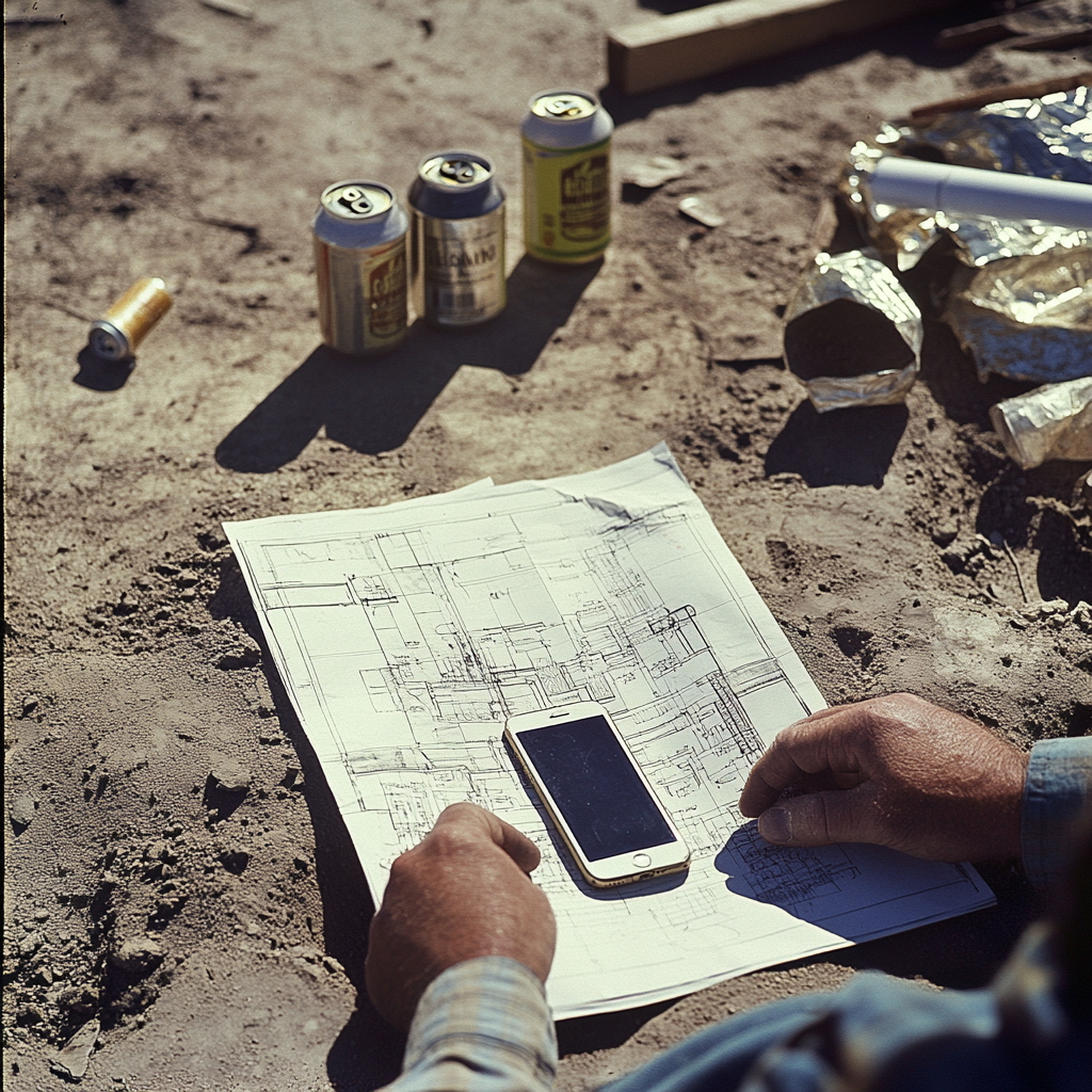 1970s Man Reading Construction Plans Outdoors with iPhone, Beer Cans