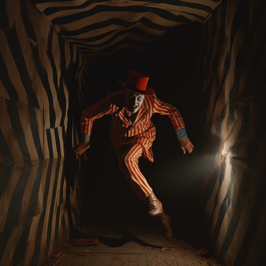 Energetic circus performer running into the dark