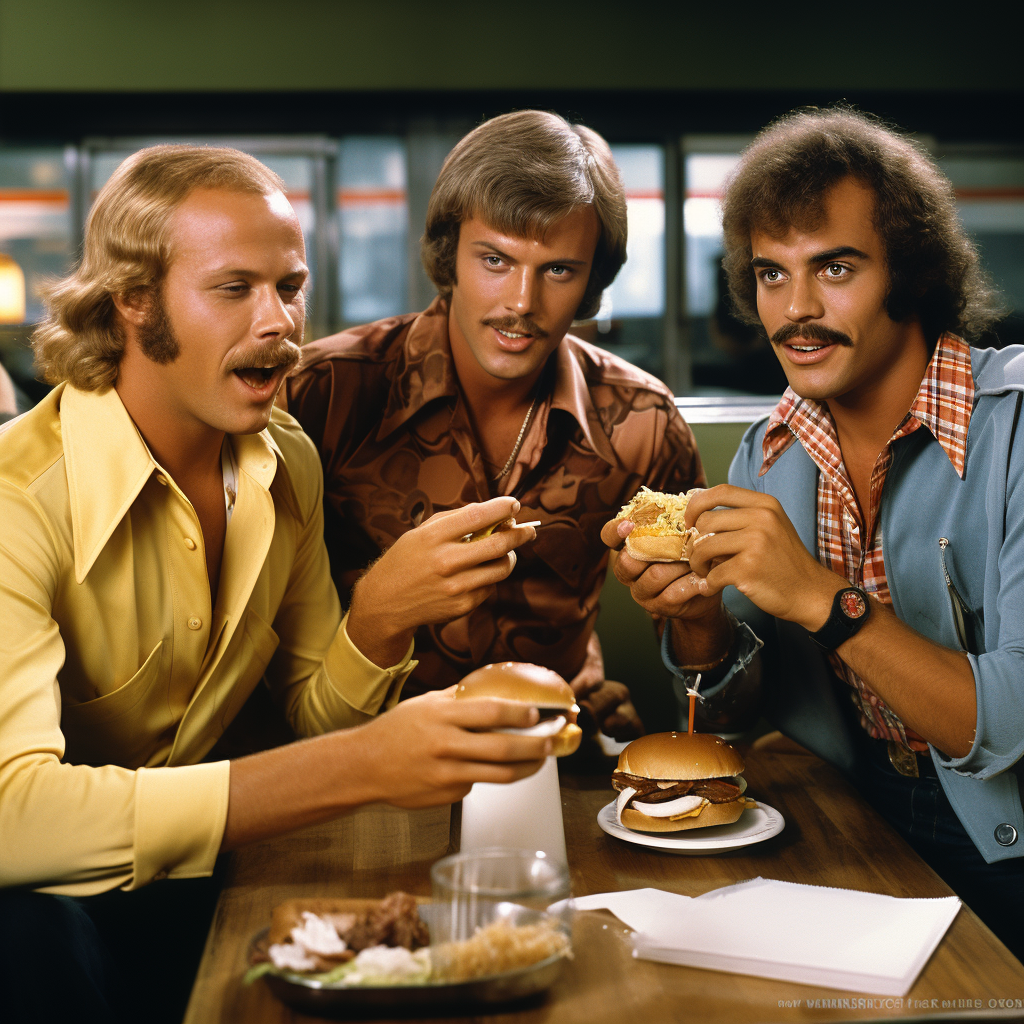 1970s arthouse film guys sharing burger