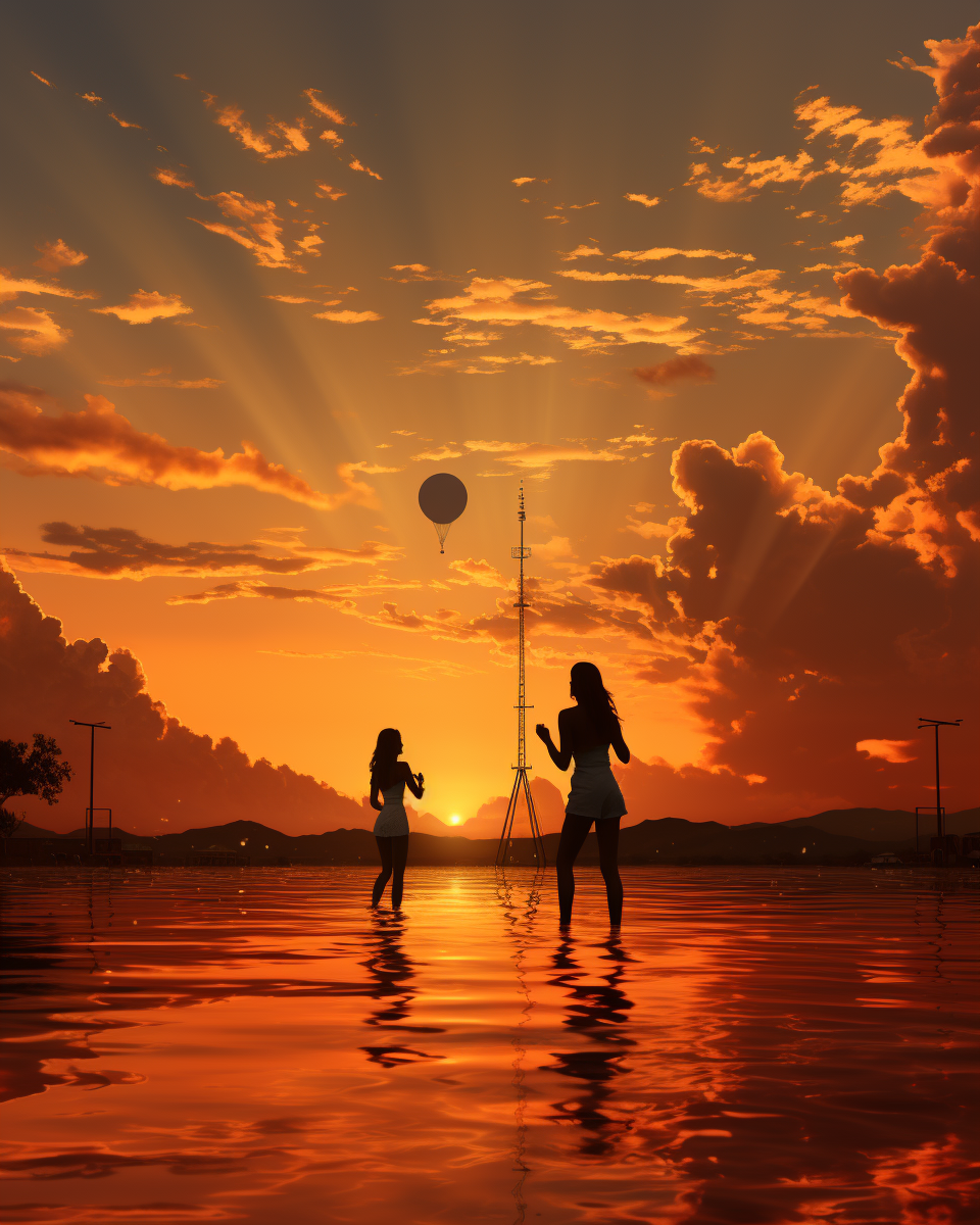 Woman playing beach volleyball in surreal 1970s scene